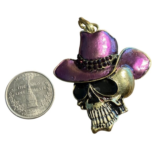 Purple Cowboy Hat Skull Pendant Necklace Charm Gold Tone Metal Rhinestone Accent - Picture 8 of 10